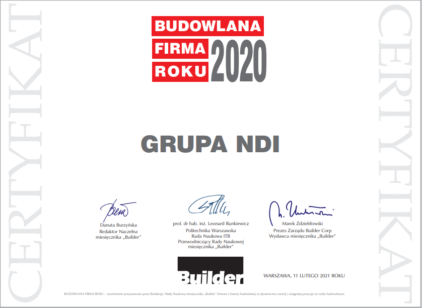 Grupa NDI z nagrodami Builder Awards 2020