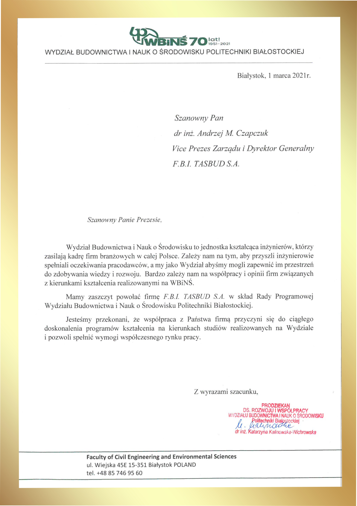 F.B.I. TASBUD International Group as a member of the Council Program of the Faculty of Civil Engineering and Environmental Sciences of the Białystok University of Technology