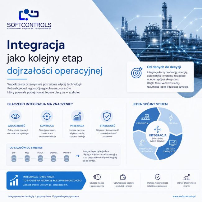 Infografika Softcontrols pokazująca, jak integracja danych i systemów ERP, MES oraz SCADA buduje przewagę w przemyśle.